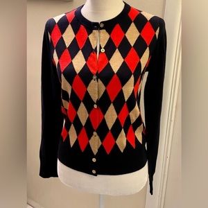 J. Crew Black, Red, and Tan Argyle Cardigan